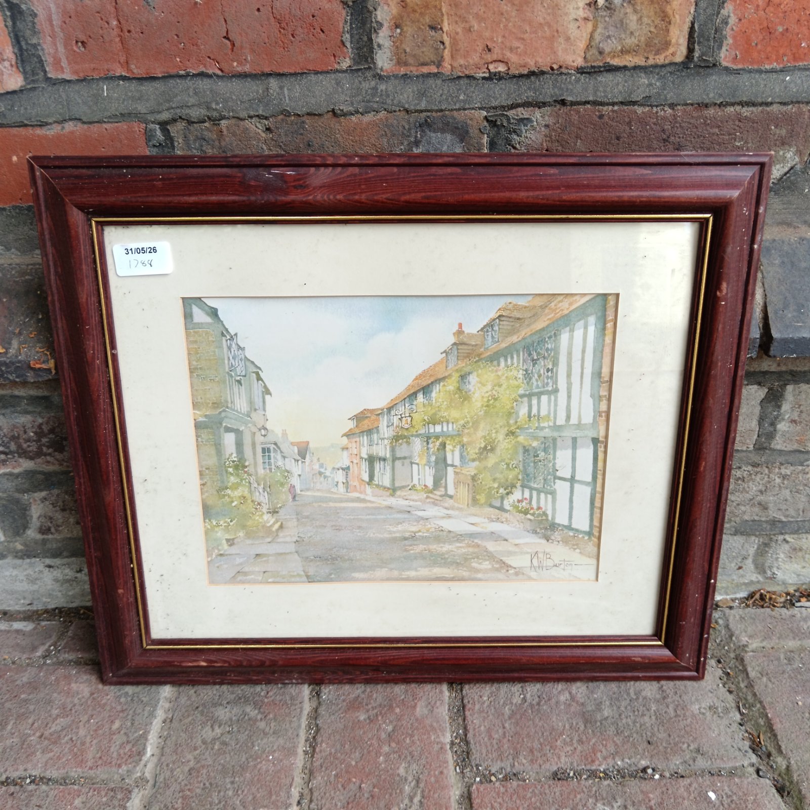 Framed K W Burton village street print, vintage countryside art.