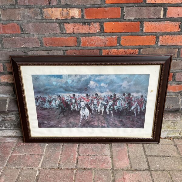 Framed Lady Butler military print titled "Scotland Forever" depicting a cavalry charge.
