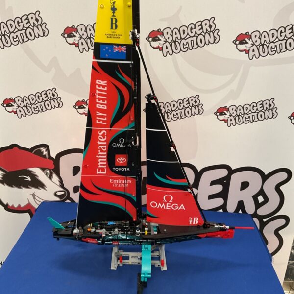 Lego Technic America's Cup yacht model, detailed ocean racing sailboat.
