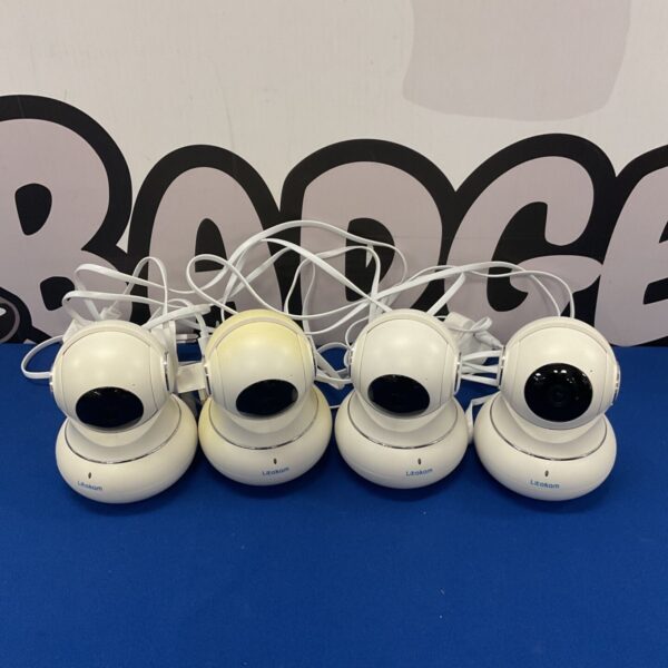 Set of four Litokam indoor cameras for home security and surveillance.