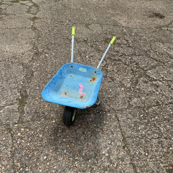 Used Little Tykes wheelbarrow in a garden setting.