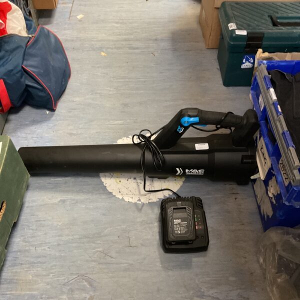 Mac Allister cordless garden blower with battery and charger.