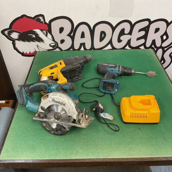 Makita power tool bundle including drills, jigsaw and charger.