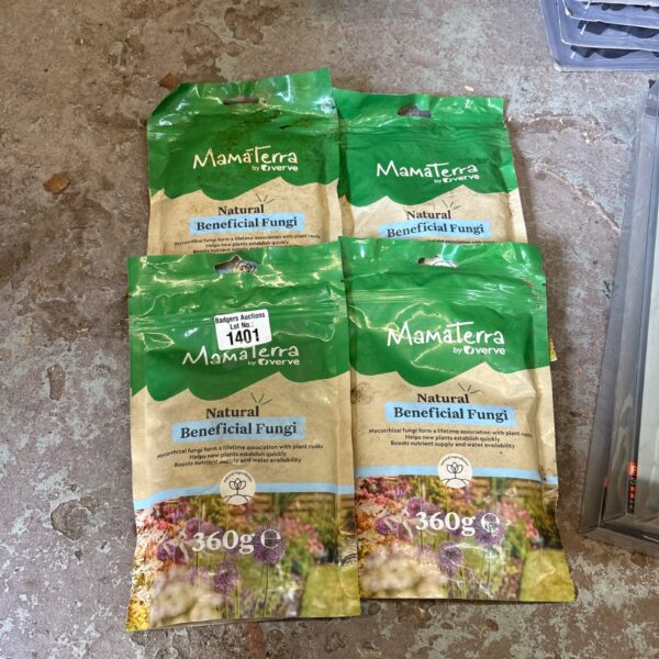 Four packs of Mamaterra plant root beneficial fungi for healthy plant growth.