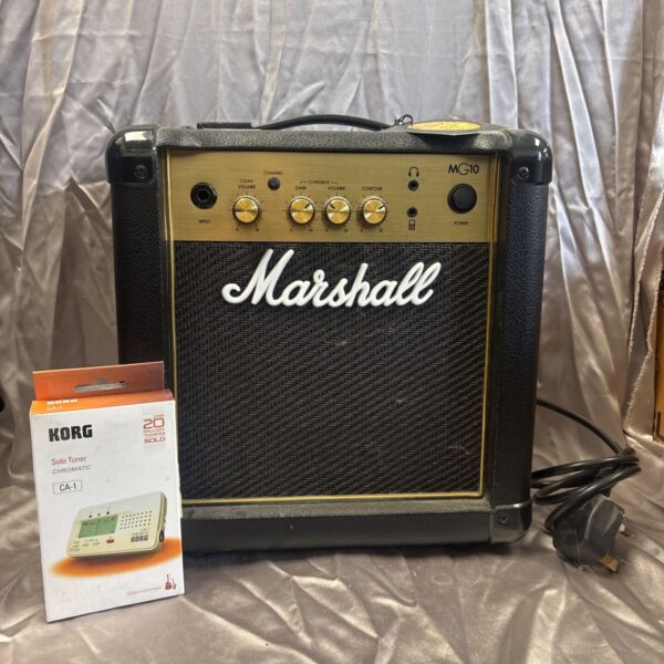 Marshall MG10 guitar amplifier with control panel visible.