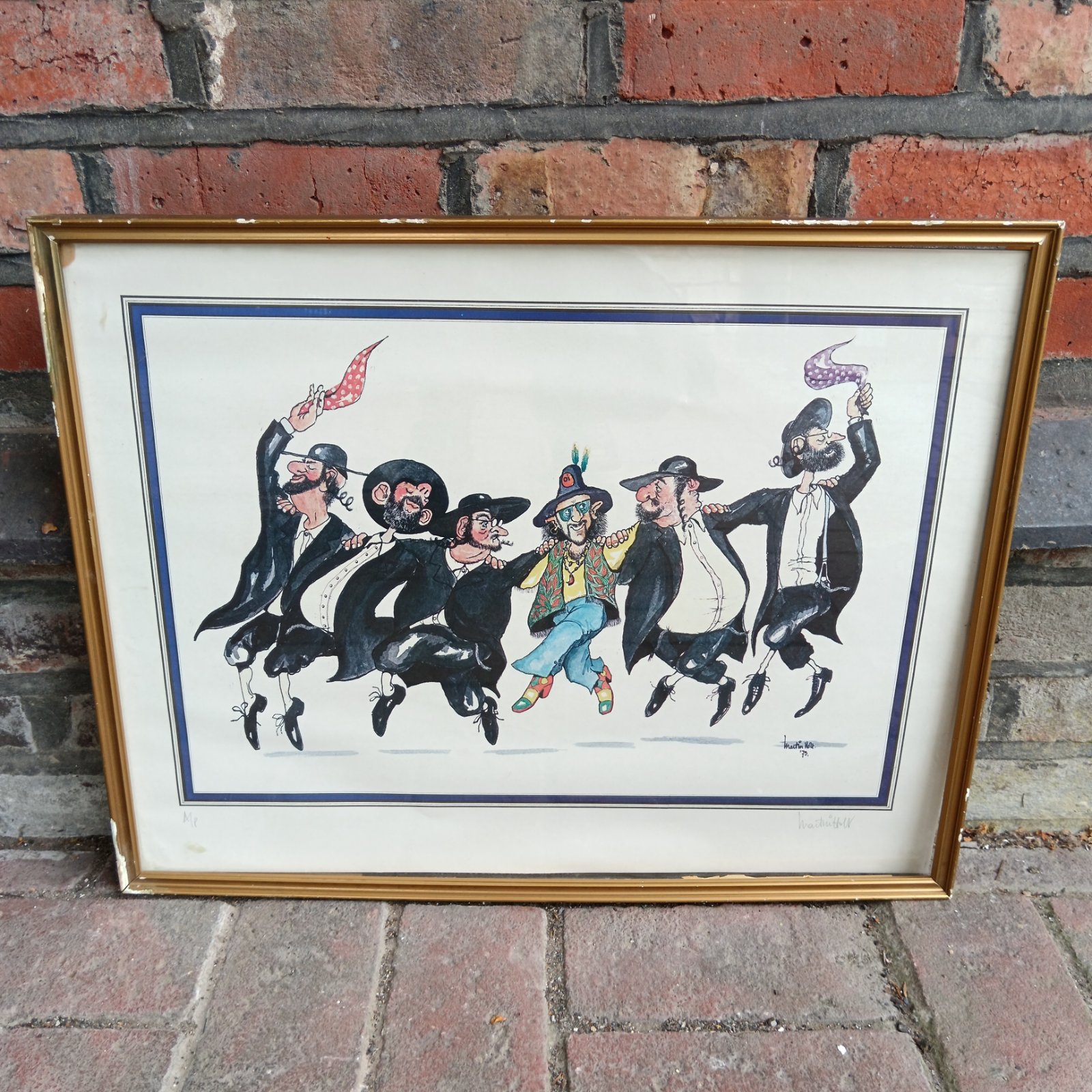 Martin Holt signed artist proof print of humorous hippy and rabbi cartoon.