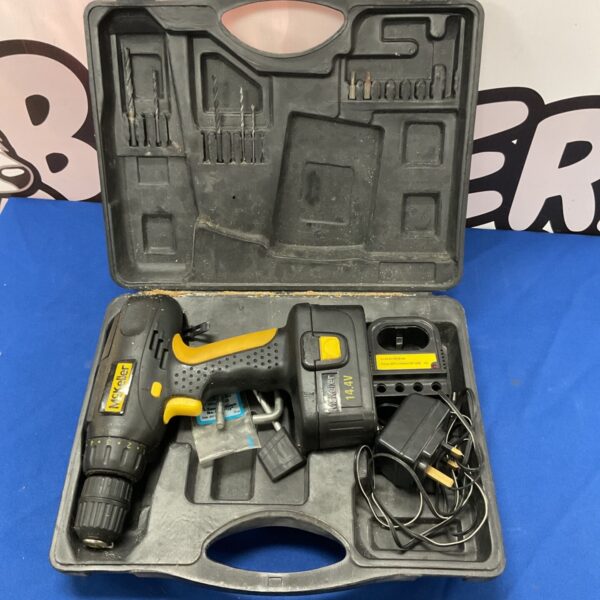 McKeller 14.4V cordless drill set with charger and case.