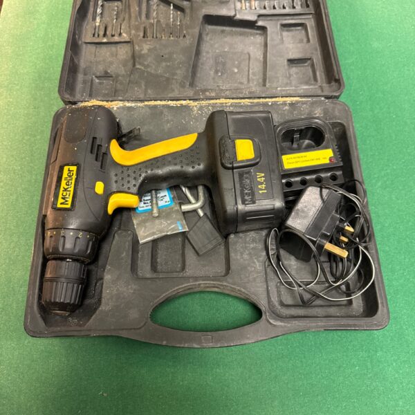 Mckeller cordless drill set in open carrying case.