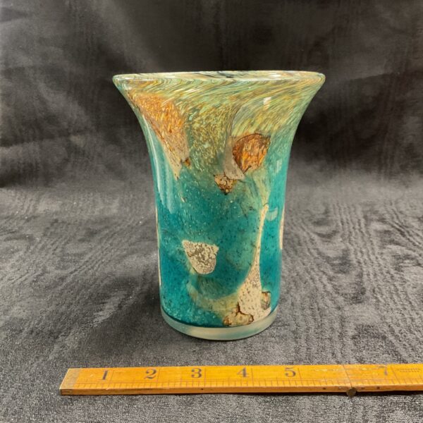 Vintage Mdina glass vase with tiger pattern in turquoise and brown.