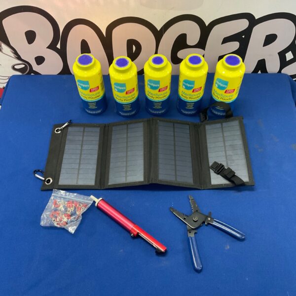 Medipure body powder lot with solar charger and pliers.