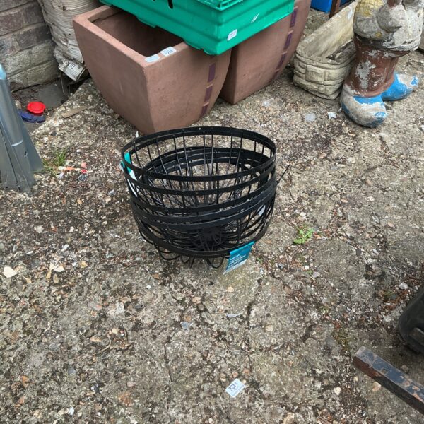 Lot of five new metal hanging baskets for garden plants.