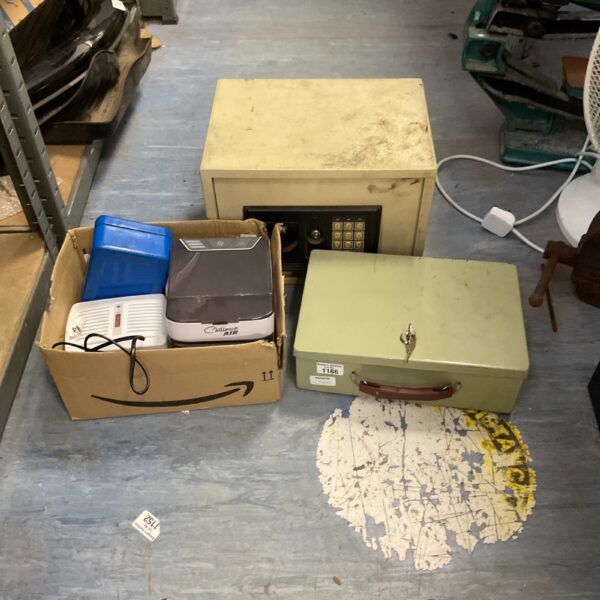 Lot of metal lock boxes, safe, dehumidifier and air cooler.