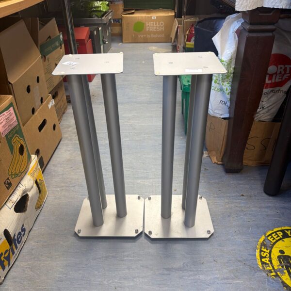 Pair of metal speaker stands for audio equipment.