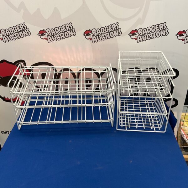 Lot of two metal storage baskets for kitchen or home use.