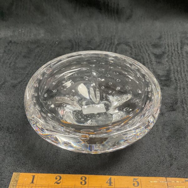 Clear mid-century bubble bowl, vintage glass art piece.