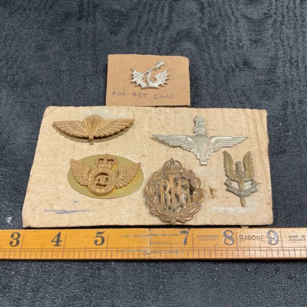 Collection of vintage military cap badges including SAS and Parachute Regiment.