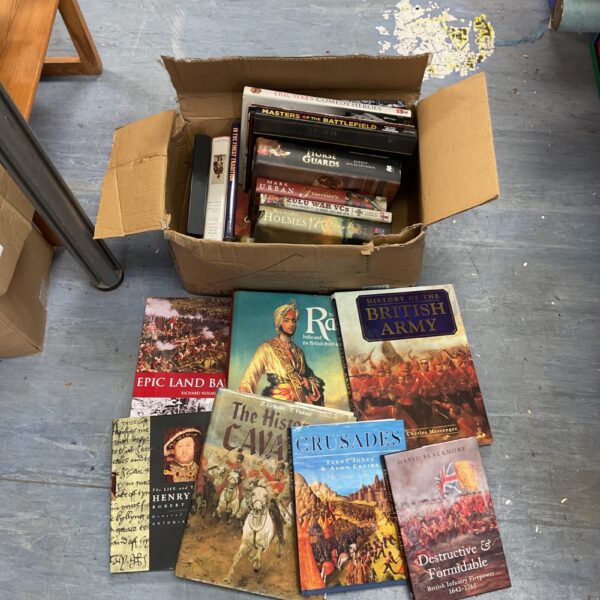 Box of military history books including Crusades by Terry Jones.