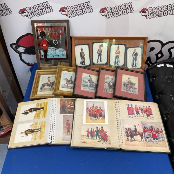 Vintage military prints and postcards including Coldstream Guards imagery.