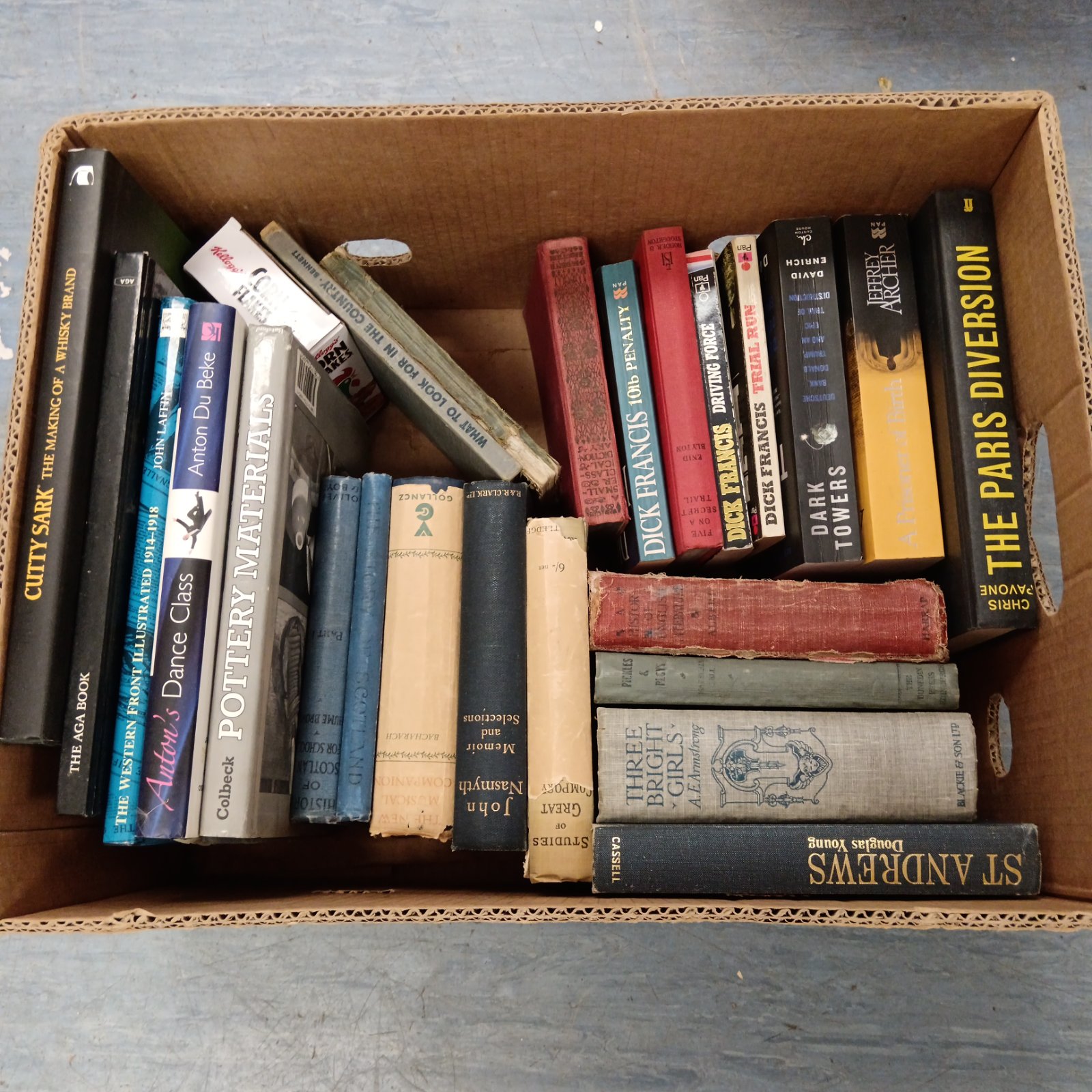 Tray of mixed vintage books including Scottish history and Dick Francis novels.