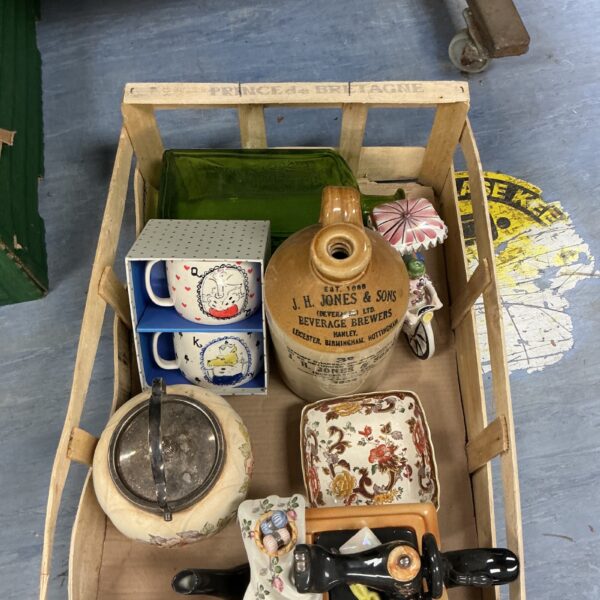 Mixed lot of vintage porcelain and collectibles with a JH Jones flagon.
