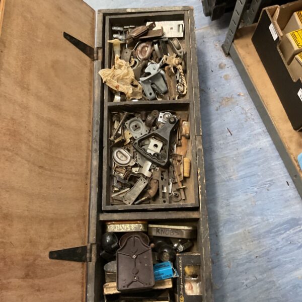 Mixed tool lot in wooden box, vintage hardware collection.