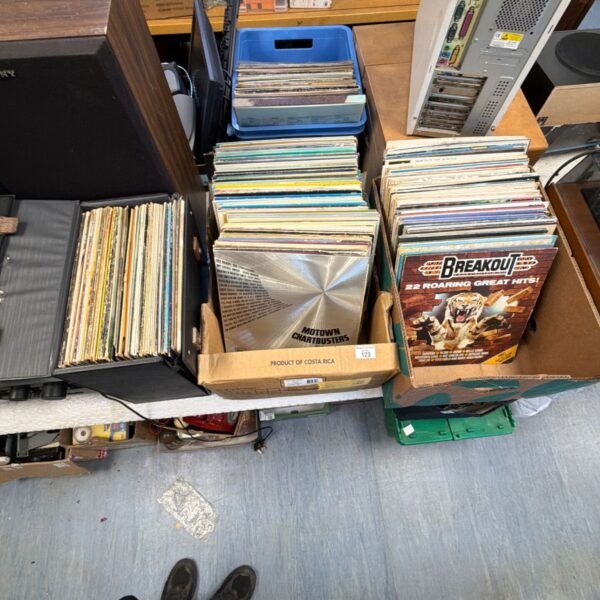 Large lot of mixed 12 inch vinyl records for sale.