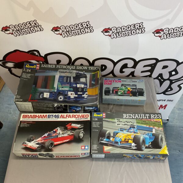 Assorted plastic model kits including Revell and Tamiya brands.