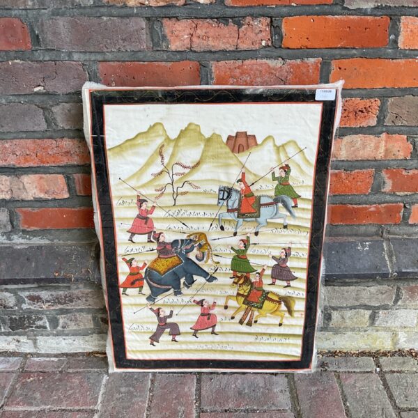 Framed watercolour painting of a Mongol army on silk.