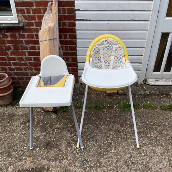Two Mothercare baby feeding chairs with yellow seat pads.