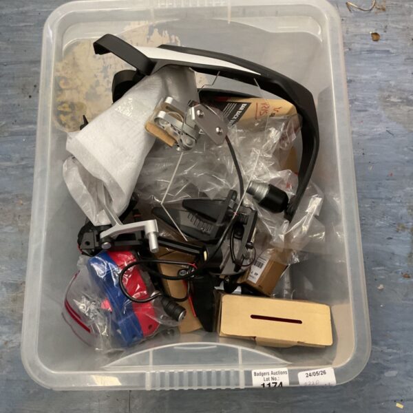 Motorcycle parts lot including windscreen and indicators.
