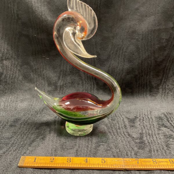 Vintage Murano glass swan with green and red sommerso design.