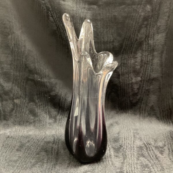 Vintage Murano glass vase with purple and clear glass design.