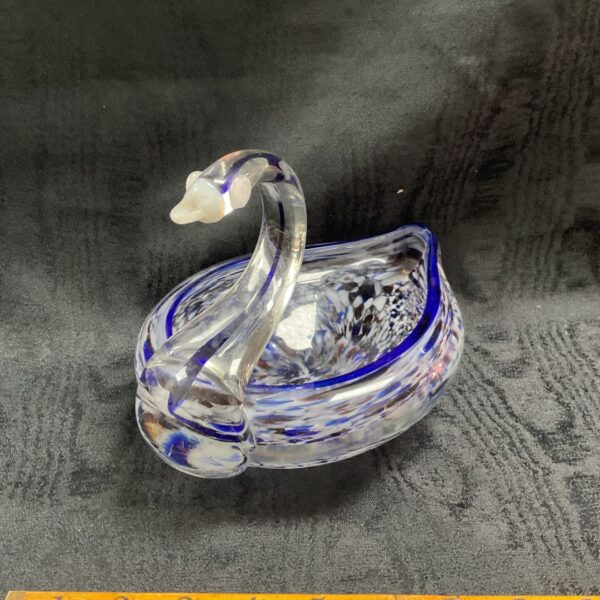 Elegant Murano style swan bowl with blue and white speckled glass.