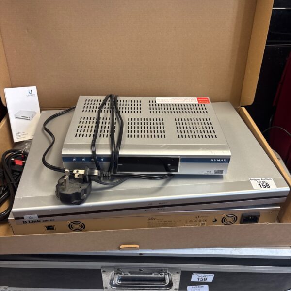 Network switch, D-Link media player and Ubiquiti device for home networking.