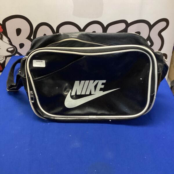 Black leather vintage Nike bag, retro sports accessory.
