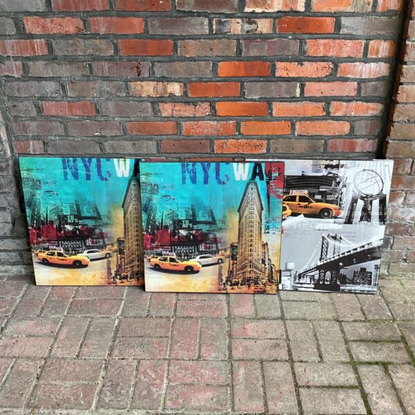 Vibrant New York City taxi cab triptych wall art.