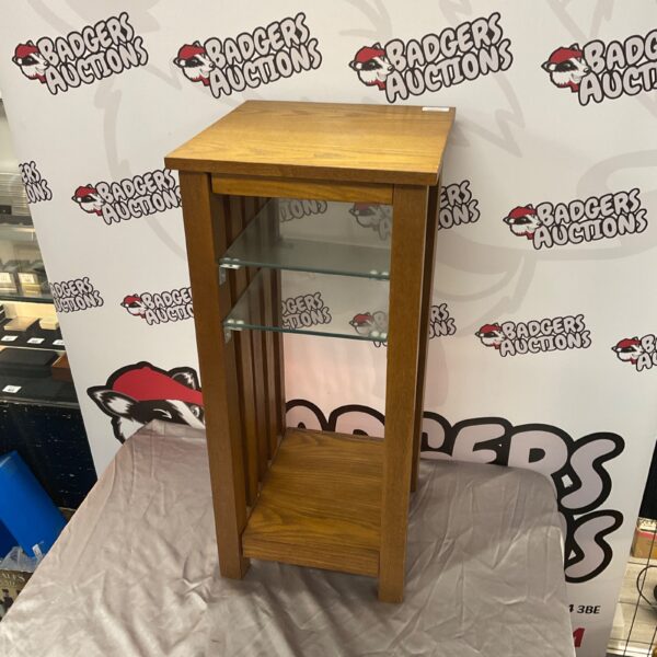Vintage oak end table with glass shelves for home decor.