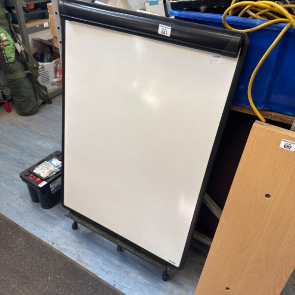 White office whiteboard with extendable legs for presentations.