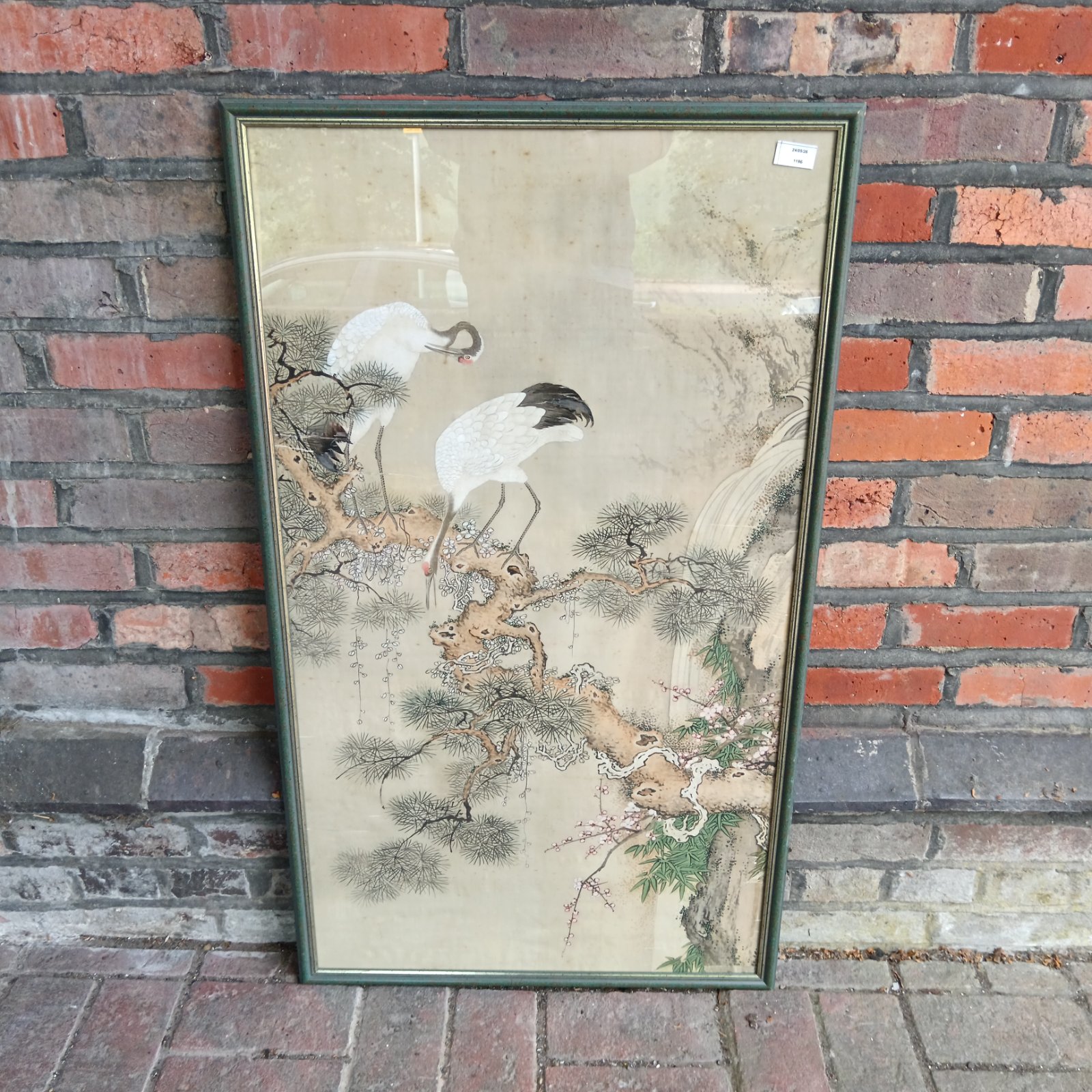 Large oriental watercolour painting of crane birds on silk.