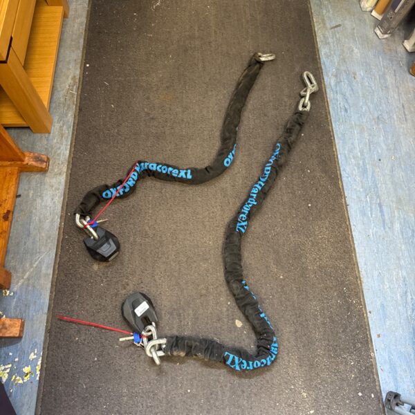 Pair of bright Oxford HardcoreXL chain locks with padlocks.