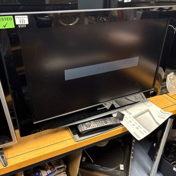Panasonic 32 inch LCD television with remote control.
