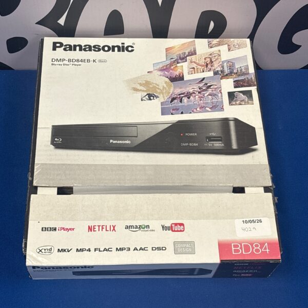 Front view of black Panasonic DMP-BD84 Blu-ray player.