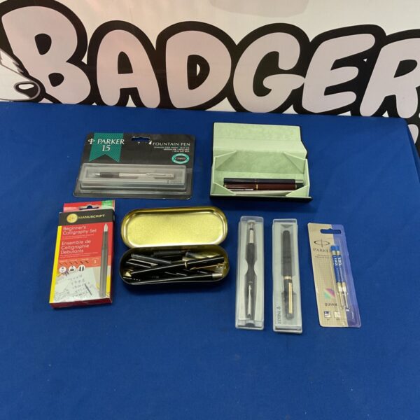 Vintage pen collection including Parker and Manuscript calligraphy set.