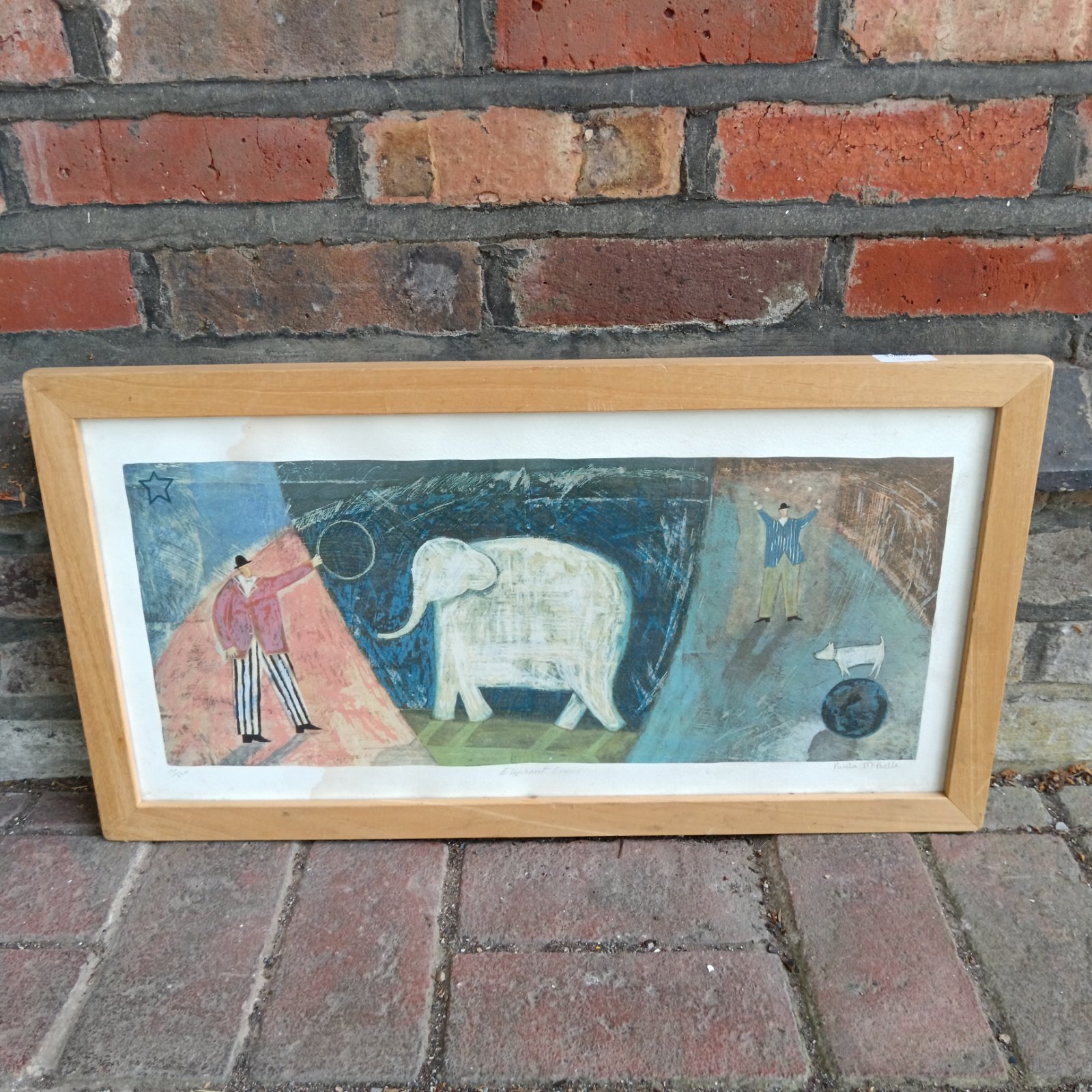 Framed Paula Mcardle "Elephant Exercise" print featuring a circus elephant.