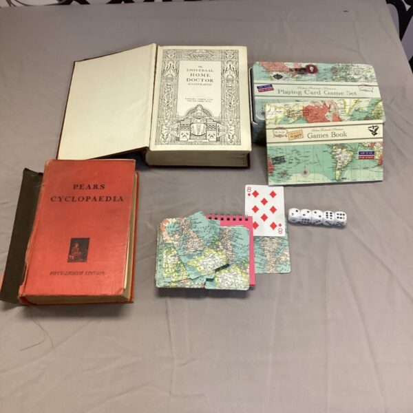 Vintage Pears Encyclopaedia and playing card game set, collectible books.