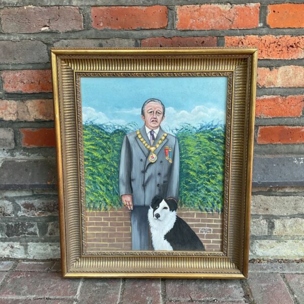 Vintage oil painting of a mayor and his dog by Pelletier Wakelin.