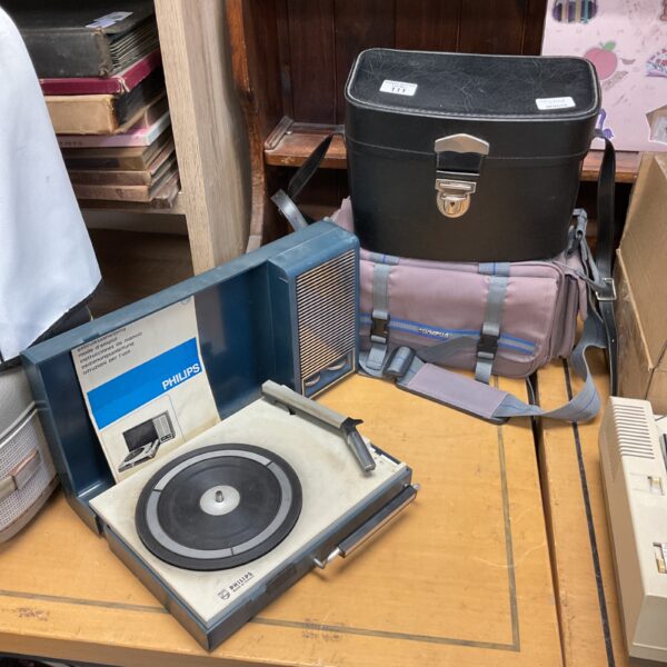 Vintage Philips GF110 portable record player with camera bags.
