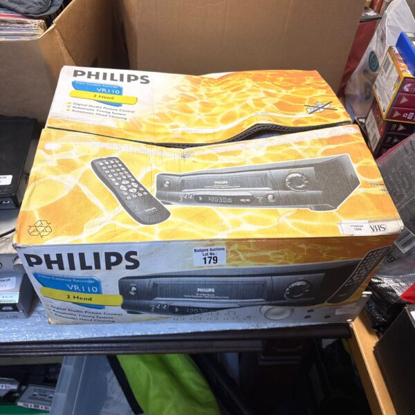 Philips VR110 VCR player in original packaging with remote control.