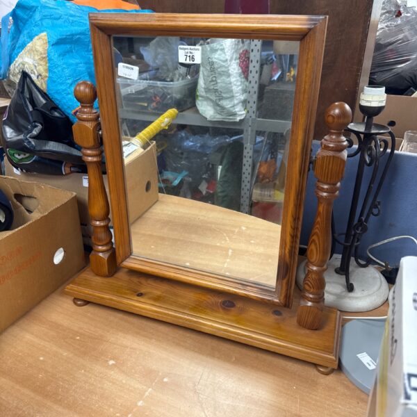 Vintage pine dressing table mirror with turned supports.