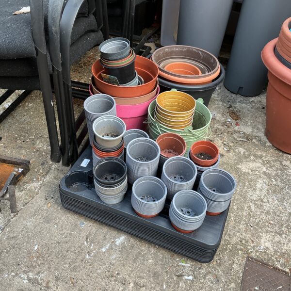 Assorted plastic plant pots for gardening and seed starting.
